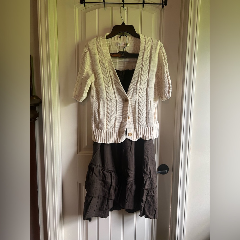Old Navy Maternity Dress and Sweater Outfit! Large Brown Linen Strapless Dress